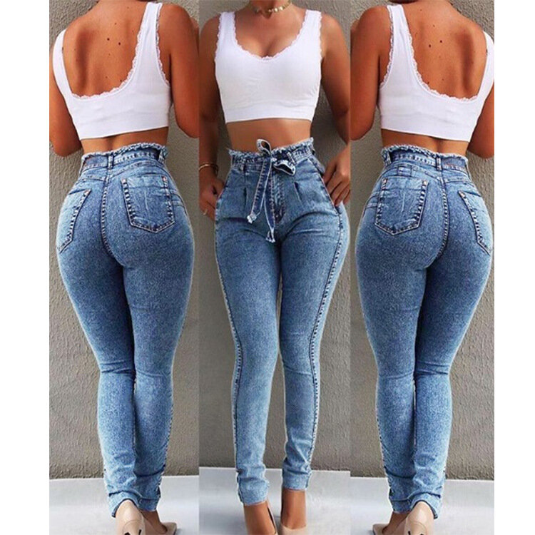 2020 new women's high waist jeans women's street bandage jeans XL jeans ladies pencil pants skinny jeans