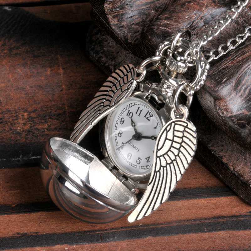 7001   Retro  Ball Shaped  Quartz Pocket Watch Fashion Sweater Angel Wings Necklace Chain Gifts for Men Women kids