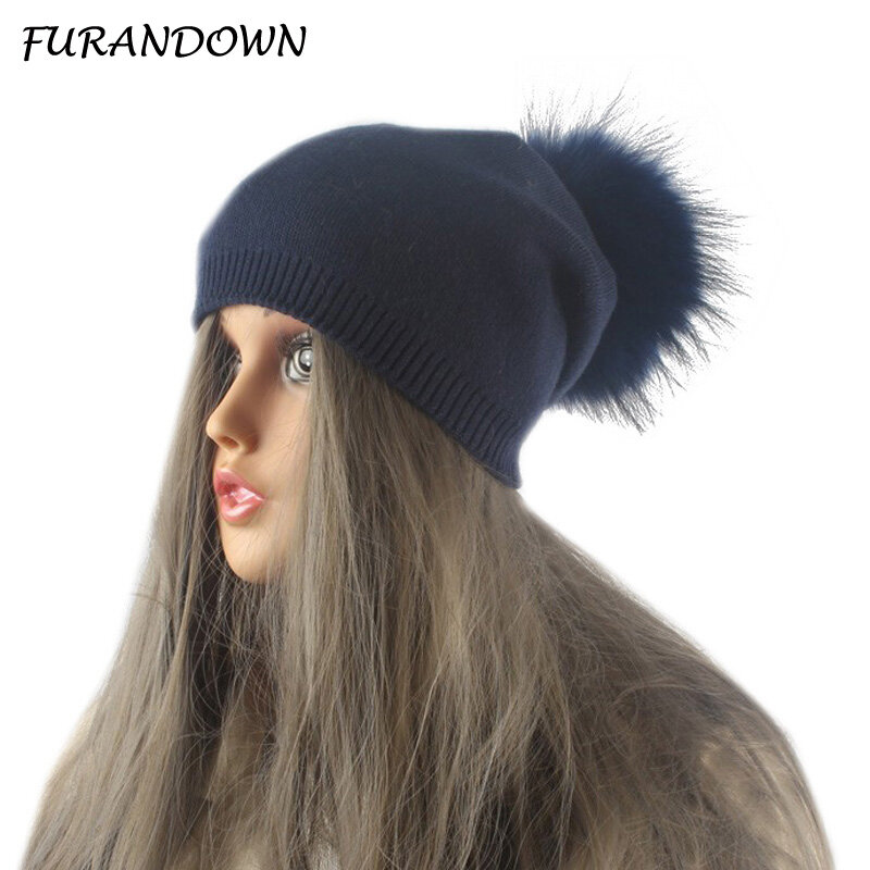 Chapéu de pompom de pele de guaxinim feminino, Gorros de lã tricotados, Skullies casuais, boné de caxemira feminino, quente, outono inverno