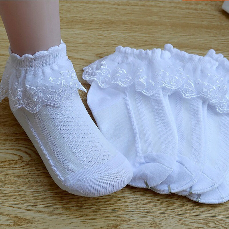 Infantil respirável algodão renda plissado meias, princesa malha meias, tornozelo curto meia, branco, rosa, amarelo, bebês meninas, crianças, criança