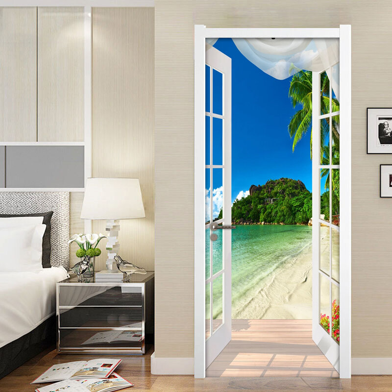 Papel de parede com janela 3d, mural à beira-mar, decoração de pvc, autoadesivo, janela, praia