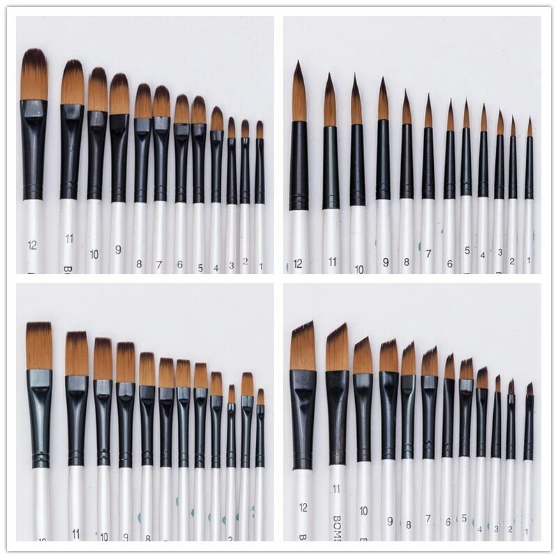 12pcs Fine Nylon Hair Pearl White Wooden Handle Watercolor Paint Brush Pen For Oil Acrylic Painting Art Paint Brushes Supplies