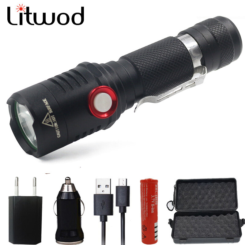 Litwod Z20 마이크로 USB 충전식 LED 손전등 XM-L2 U3 Zoomable 18650 충전식 배터리 손전등 토치 1 모드 ON/OFF