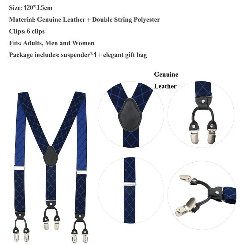 3.5*120cm Fashion Suspenders Genuine Leather 6 Clips Brace Male Vintage Casual Wedding Party Trousers Strap Husband's Gift