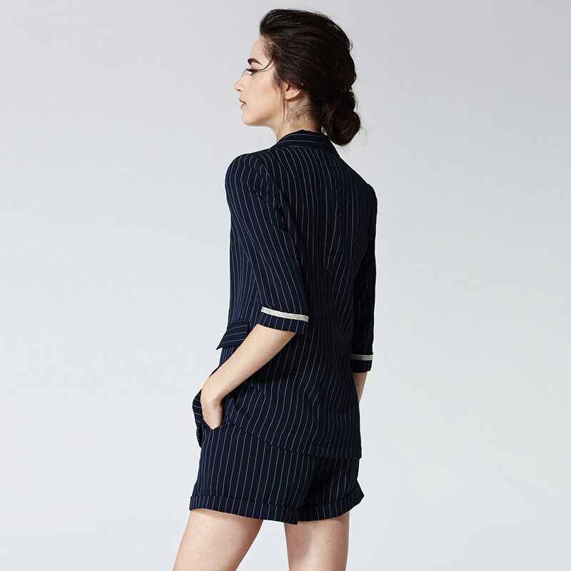65% Leinen Anzüge Frauen Zwei-Stück Set Striped Beiläufige Blazer Top Taschen Shorts 2 Farben High-grade Stoff neue Mode 2018