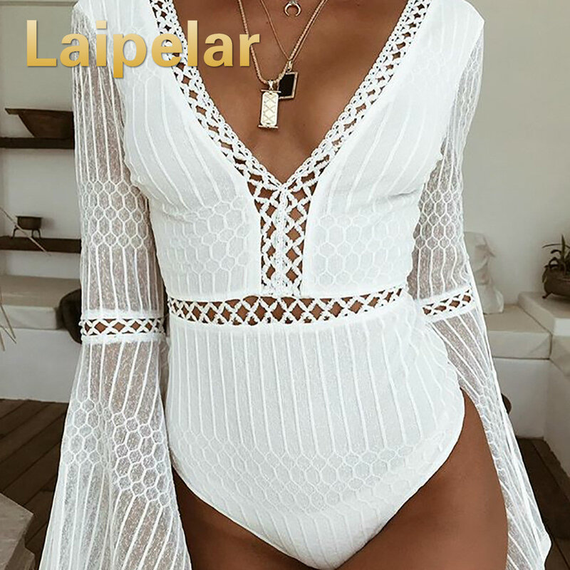 2018 Zomer Kant Bodysuit Vrouwen Sexy V-hals Flare Mouw Playsuit Rompertjes Dames Backless Lange Mouwen Hollow Out Overalls