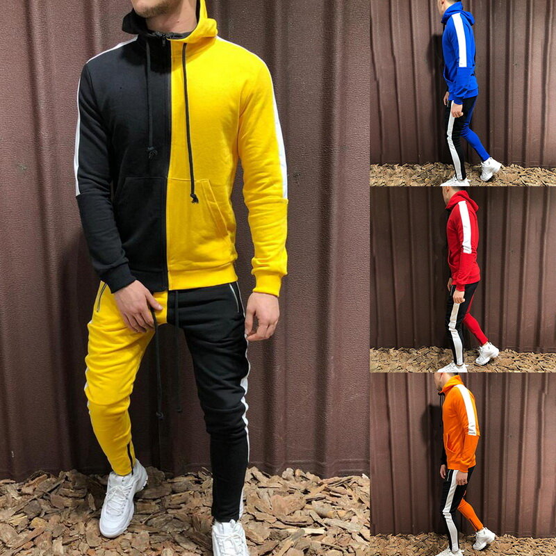 Shujin marca dos homens define moda outono retalhos jaqueta terno esportivo hoodies + sweatpants 2 peças conjuntos de roupas treino fino