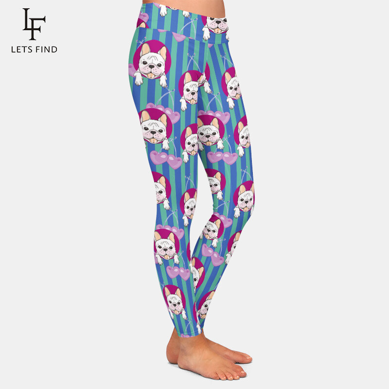 LETSFIND – Leggings en Polyester pour femmes, imprimé à rayures verticales, Design de chien de dessin animé, taille haute, élastique, Slim, doux, longueur cheville
