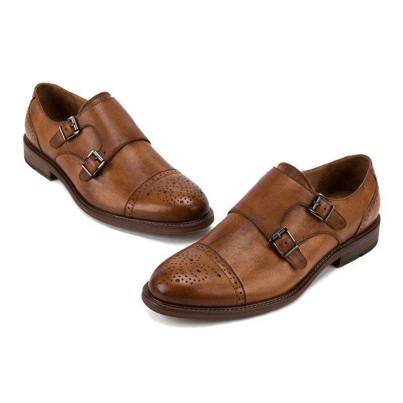 KUD39-zapatos planos de cuero genuino para hombre, calzado Formal con doble correa de monje, punta redonda, hecho a mano