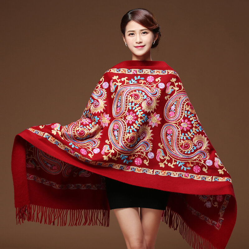 Wanita Hitam Menyulam Bunga Pashmina Kasmir Syal Musim Dingin Hangat Baik Jumbai Syal Oversize Selendang Fashion Selendang Syal WS1217