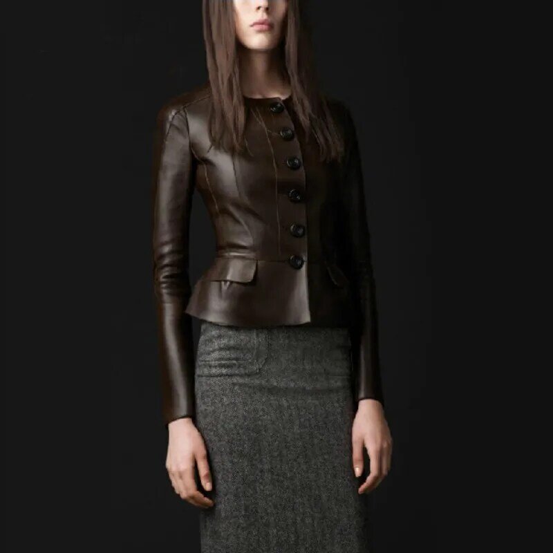 Veste courte en cuir véritable pour femme, manteau de printemps en peau de mouton, noir, marron, vêtements féminins sexy, avocat, bouton mince, volants