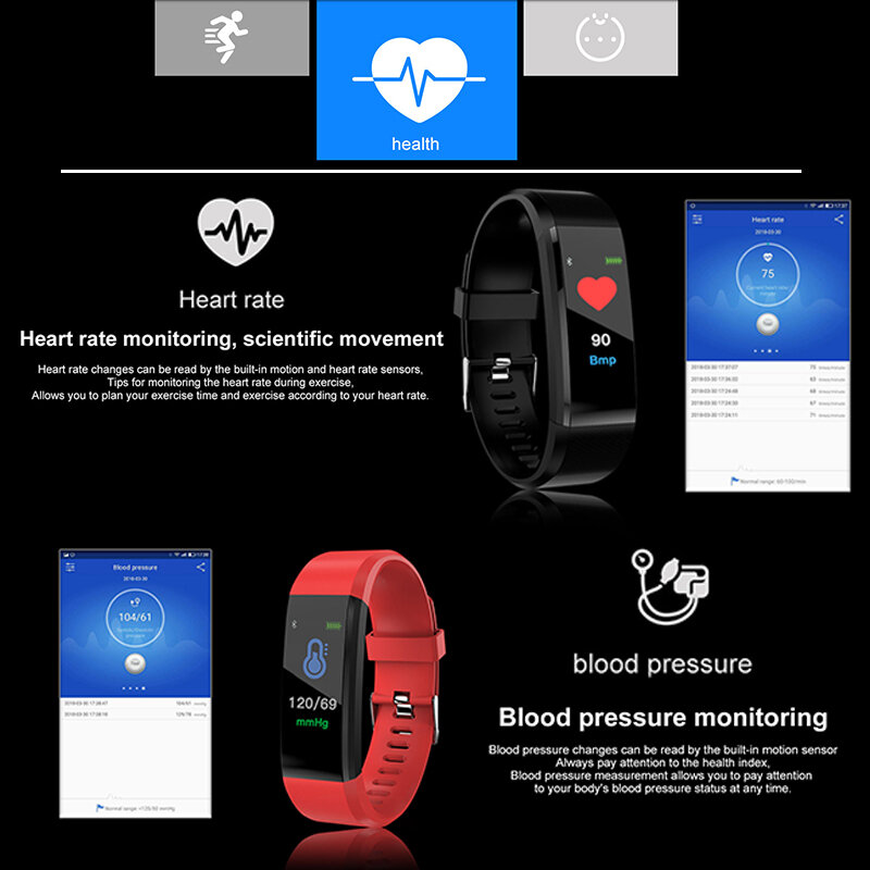 115 mais relógio inteligente das mulheres dos homens monitor de freqüência cardíaca pressão arterial fitness rastreador smartwatch esporte para ios android + caixa synoke