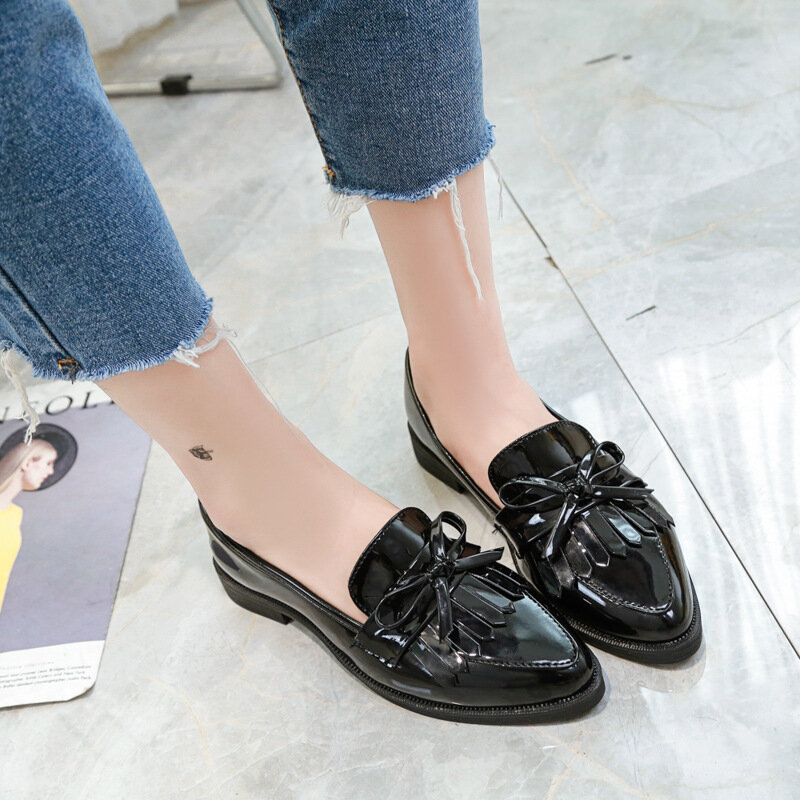 Zapatos de marca mujer Casual borla lazo punta puntiaguda negro Oxford zapatos para mujer planos cómodos deslizamiento en zapatos de mujer gratis regalo