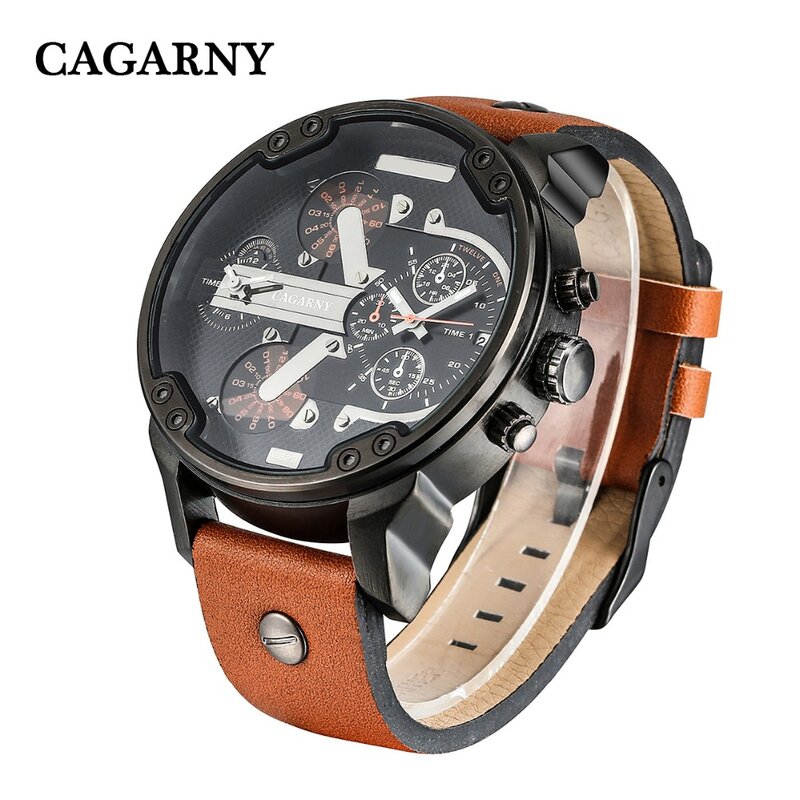 Cagarny Watch Men Military Sport Wristwatches Big Case Two Times Leather Strap Clock Luxury Brand Analog Men's Quartz Watches