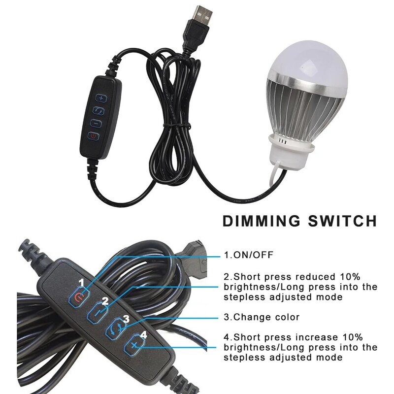 Bombilla LED de atenuación continua con interruptor de encendido/apagado, lámpara colgante regulable por USB, bombillas de emergencia para trabajo nocturno y Camping, DC5V, 10W