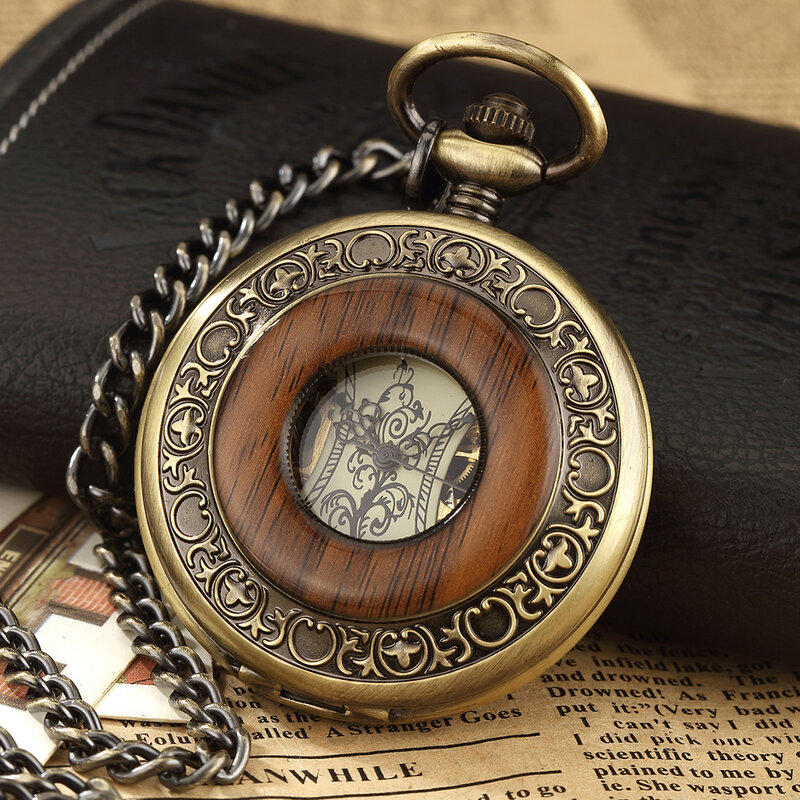Reloj de bolsillo mecánico Vintage para hombres y mujeres, cadena FOB, madera maciza, esqueleto Steampunk hueco, reloj de mano