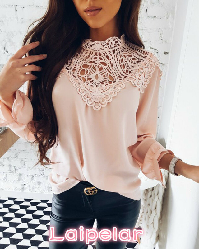 New Arrival  Summer Womens Tops and Blouses Casual Lace Patchwork Tops Long Sleeve Chiffon Shirts plus size