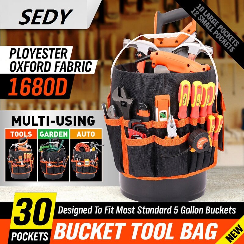 2022-SEDY 5 Gallon Bucket Organizer Tote Bag Toolkit Bag Garden Tool Kits 30 Storage Pocket Tool Organizer Waist Packs Tool Bag
