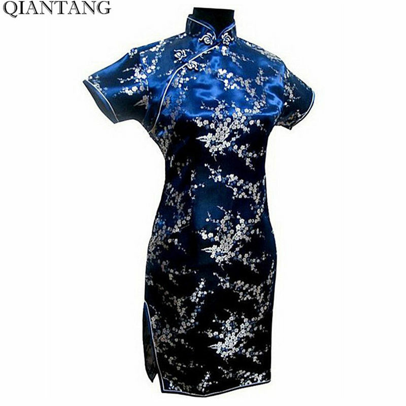 Vestido de Cetim Chinês para Mulheres, Qipao Tradicional, Mini Cheongsam, Flor, Preto, Tamanho S, M, L, XL, XXL, XXXL, 4XL, 5XL, 6XL, J4039