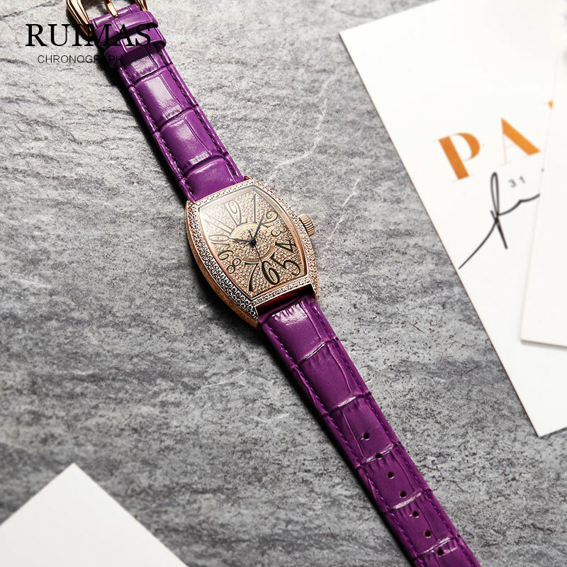 Montres de luxe mécaniques et automatiques pour femmes, bracelet en cuir Tonneau, robe décontractée, RL6757L-Purple
