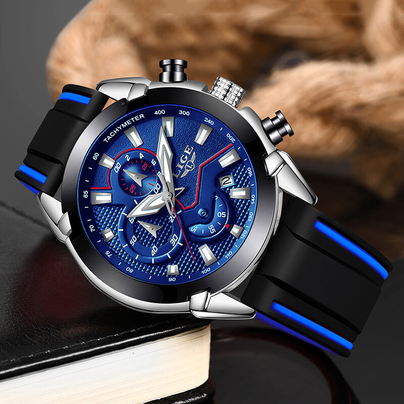 Relojes LIGE para hombre, correa de silicona, marca superior, reloj de pulsera de negocios de cuarzo, cronógrafo deportivo de lujo, reloj para hombre