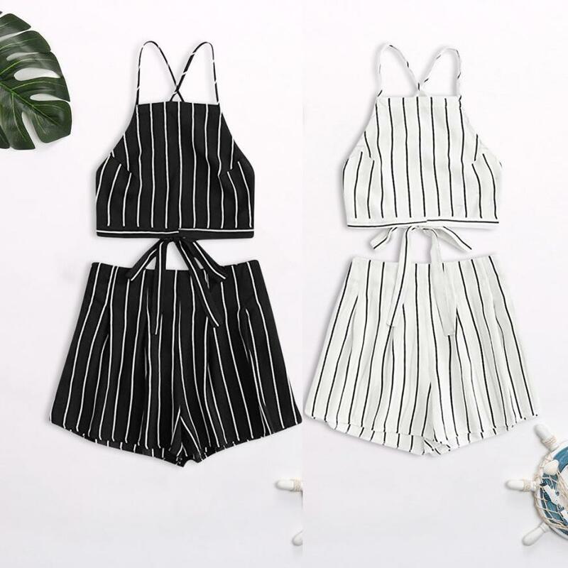 Feitong 2020 Women Sets Striped Blue 2 Pieces Set Crop Top And Shorts Bandage Strap Crop Cami Top With Shorts Set