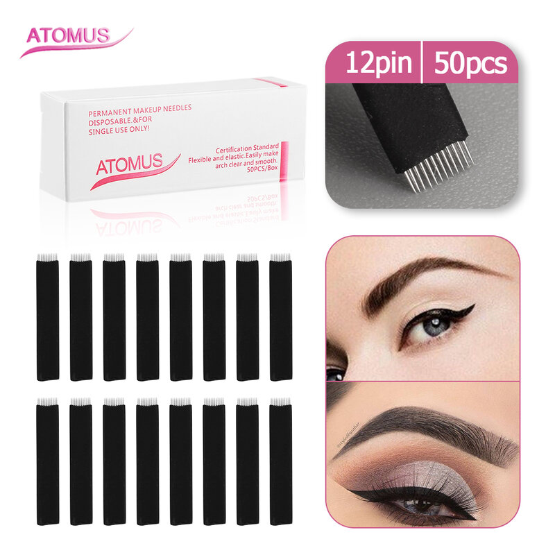 50pcs 12Pin Flat Microblading Shading Blade Permanent Makeup Eyebrow Tattoo Blade Microblading Needles For 3D Embroidery Manual