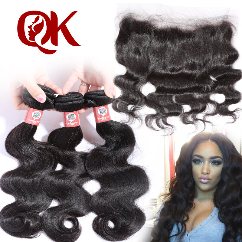 QueenKing Human Hair Bundles With Closure Remy Brazilian Body Wave 3Bundles and Lace Frontal 13x4 Pre-Plucked Hair Line