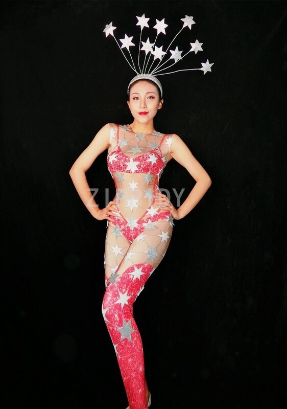แฟชั่น 2 สี Star Rhinestones Spandex แขนกุด Jumpsuit ผู้หญิงวันเกิดฉลอง Stage Dance ผู้หญิงนักร้องแสดงเสื้อผ้า