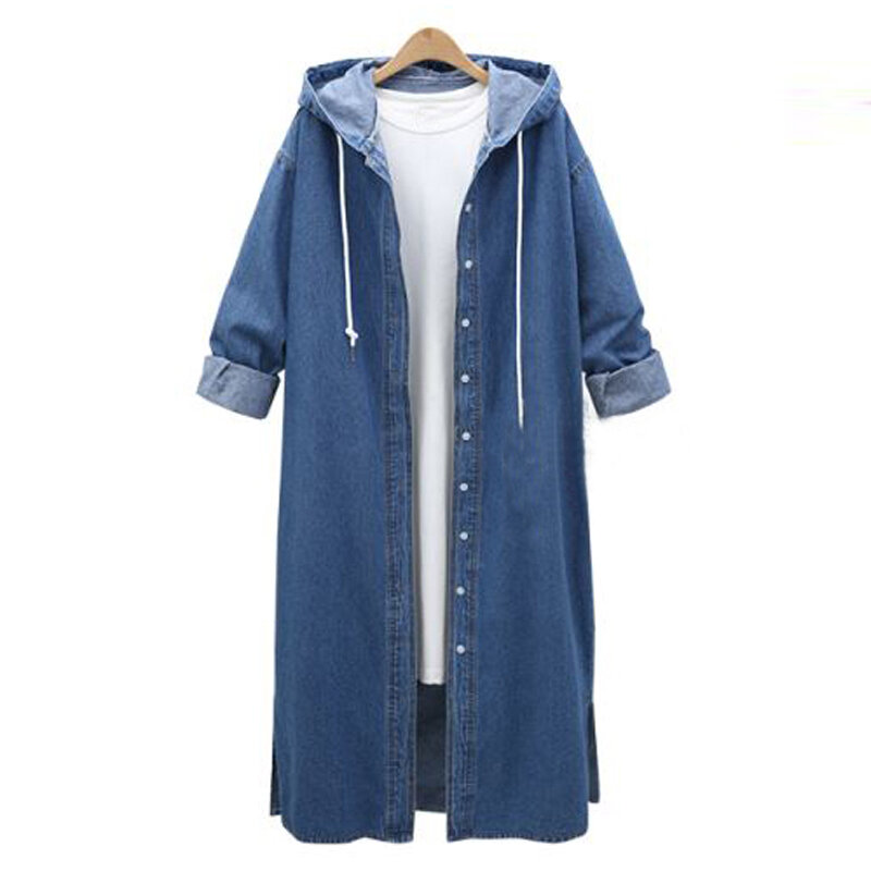 2020 Femael Fashion Loose Long Jeans Sleeve Hooded Denim Jacket Coat Ladies Casual Buttons Long Jean Coat Cardigan Outwear Tops