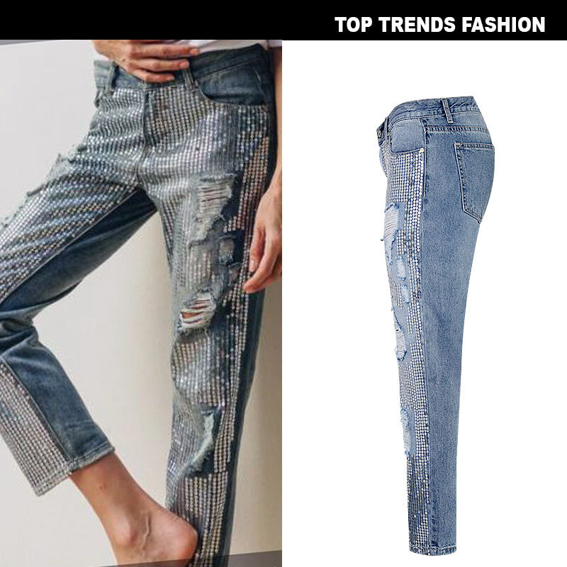 2020 new women's waist loose straight denim nine pants ultra popular metal color embroidered beads washed old holes jeans