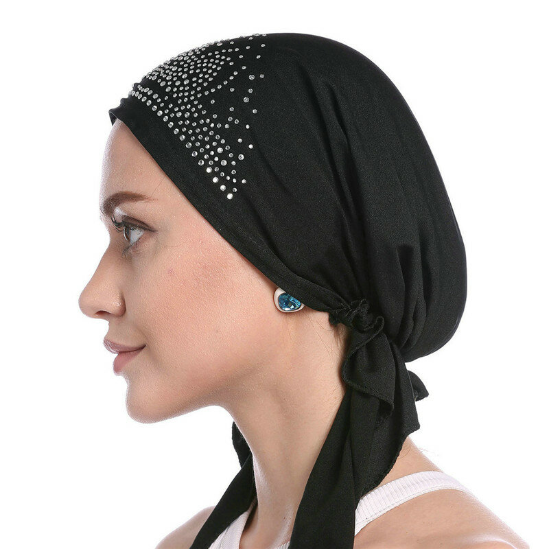 Mode muslimischen Kopftuch Hut dünne Sommer Frauen innere Hijab Motorhaube solide Diamant Turban Kappen Indien Kopf wickel Hüte für Dame