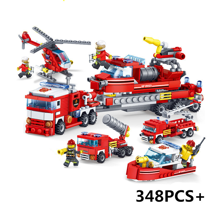 Fire Fighting 4in1 348pcs Trucks Car Helicopter Boat Building Blocks Compatible city Firefighter figures children Toys