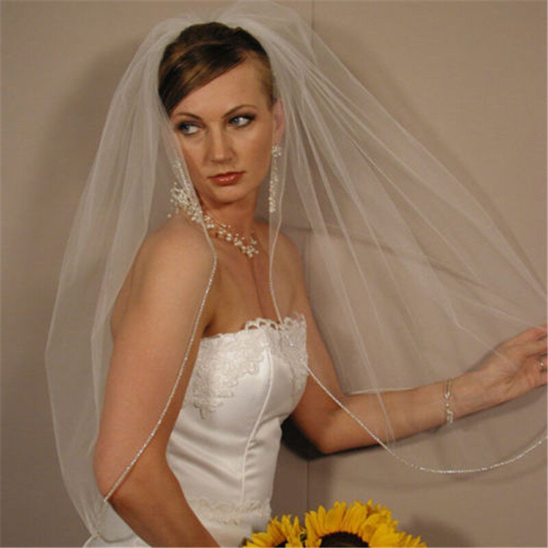 Однослойная свадебная вуаль с кристаллическим краем, свадебная вуаль длиной до локтя в белом, слоновой кости