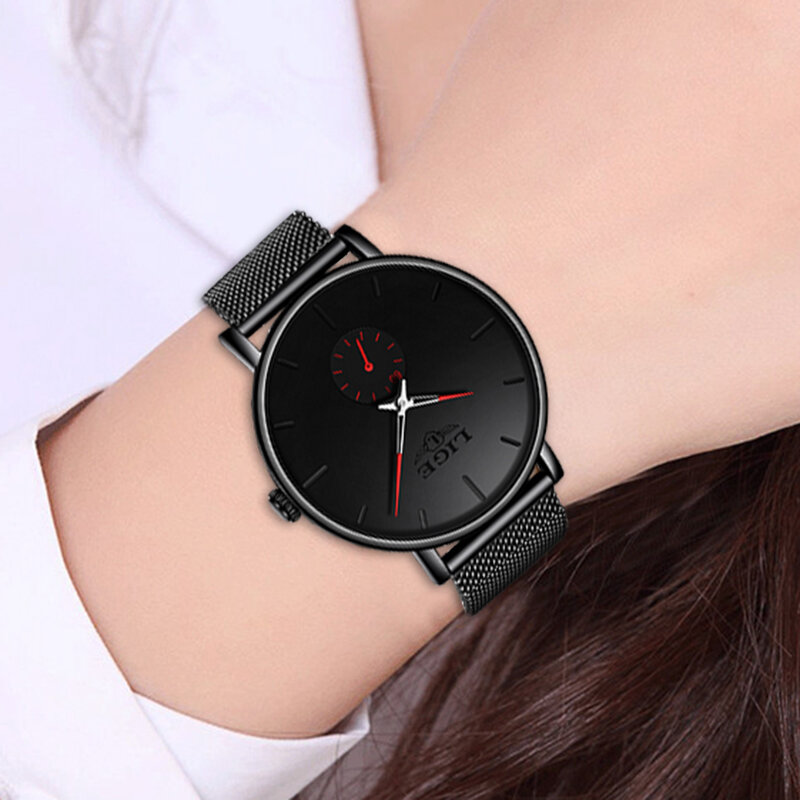 LIGE новые женские часы Топ бренд класса люкс водонепроницаемые тонкие сетчатые женские часы японский кварцевый механизм часы из нержавеюще...