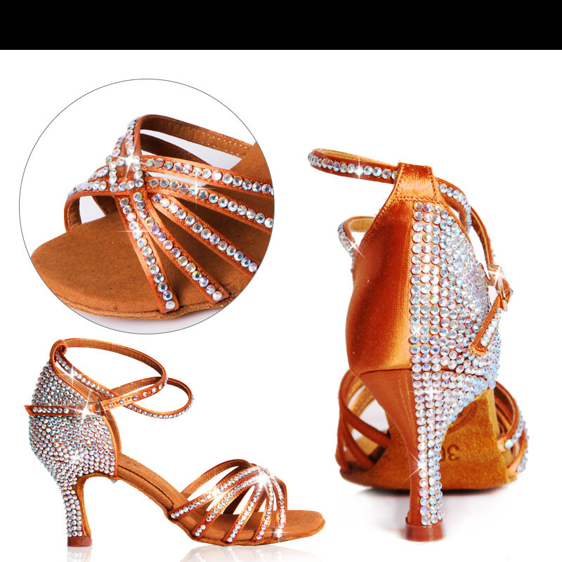 Zapatos de baile latino de tacón medio de diamante satinado importado de alto grado para mujer, rendimiento profesional para adultos, taladro de salón, STOCK caliente
