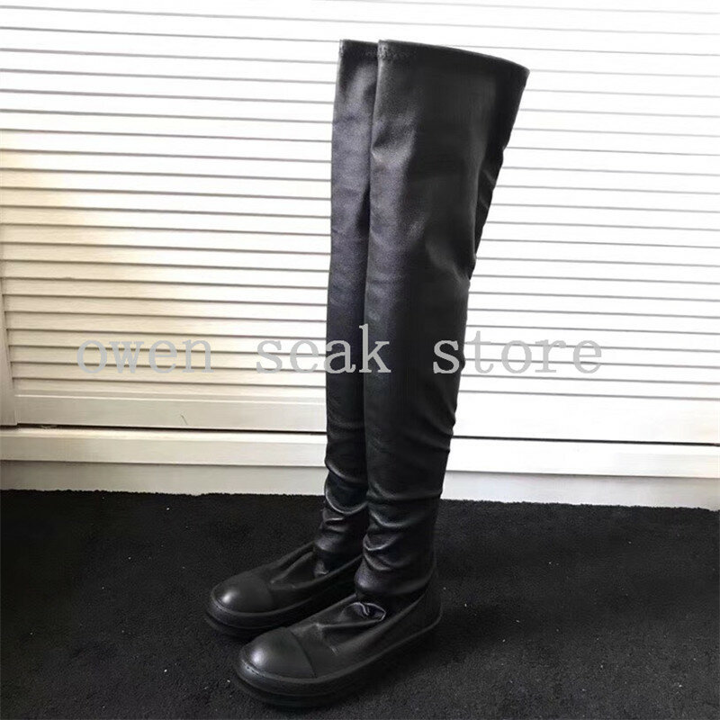 Owen Seak-botas de couro de carneiro para homens, botas altas acima do joelho, sapatos casuais de neve, preto, tamanho grande, inverno