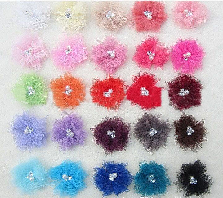 2013 mini flores de malha de tule com strass pérola centro poof flores, acessórios 360pcs