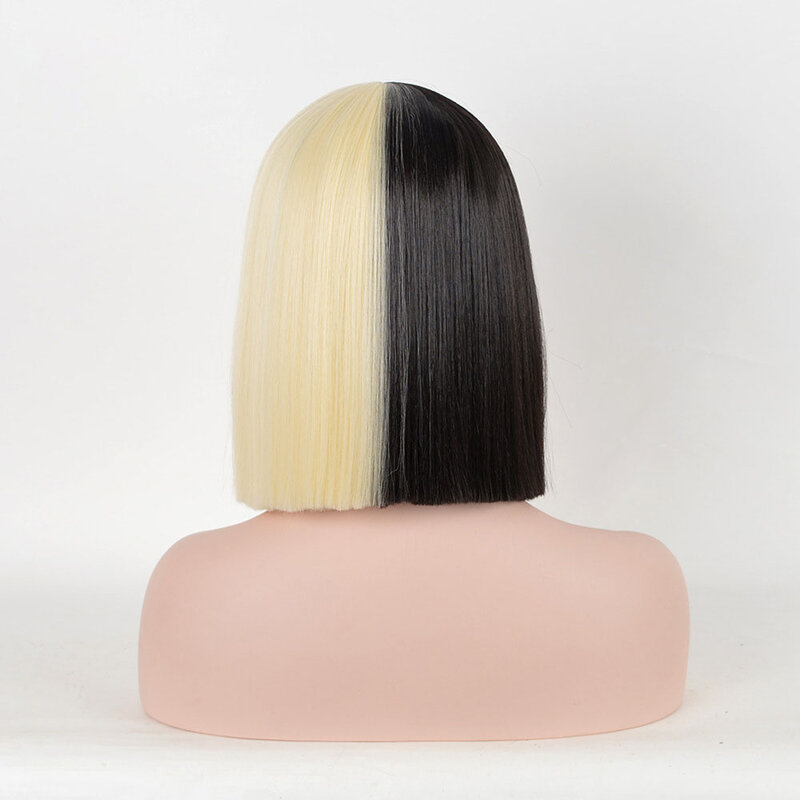 شعر مستعار اصطناعي Sia وقبعة شعر مستعار ، نصف أسود ، نصف أشقر ، قصير مستقيم ، شعر مستعار مسطح ، مقاوم للحرارة