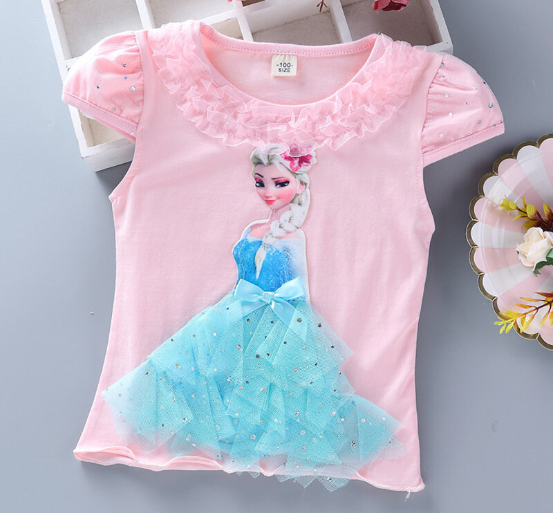 Girls New Summer Princess T-Shirt Elsa Childen Cotton Tees Lace T Shirt 3D Diamond Appliques Kids Birthday Party Top Clothing