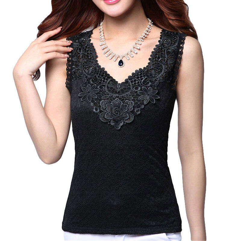 Women's Summer Sexy Blouse Shirt 우아한 민소매 Black Crochet 레이스 Shirt 탑 및 블라우스 Women Blusas Camisa Vest Plus size