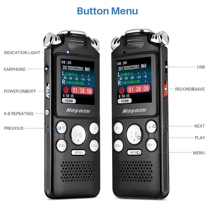 Noyazu Carregamento Rápido 8 GB Two-way de Redução de Ruído de Microfone de Gravação de Som Digital Audio Gravador de Voz Profissional Mp3 Jogador