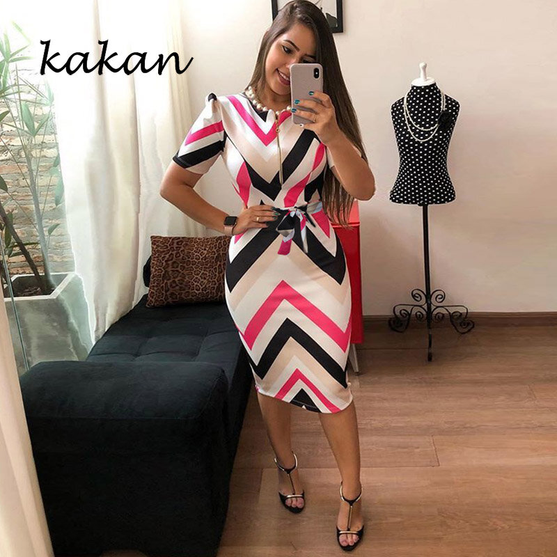 Kakan 2019 outono nova grande tamanho do vestido das mulheres de manga curta zipper vestido estampado digitais