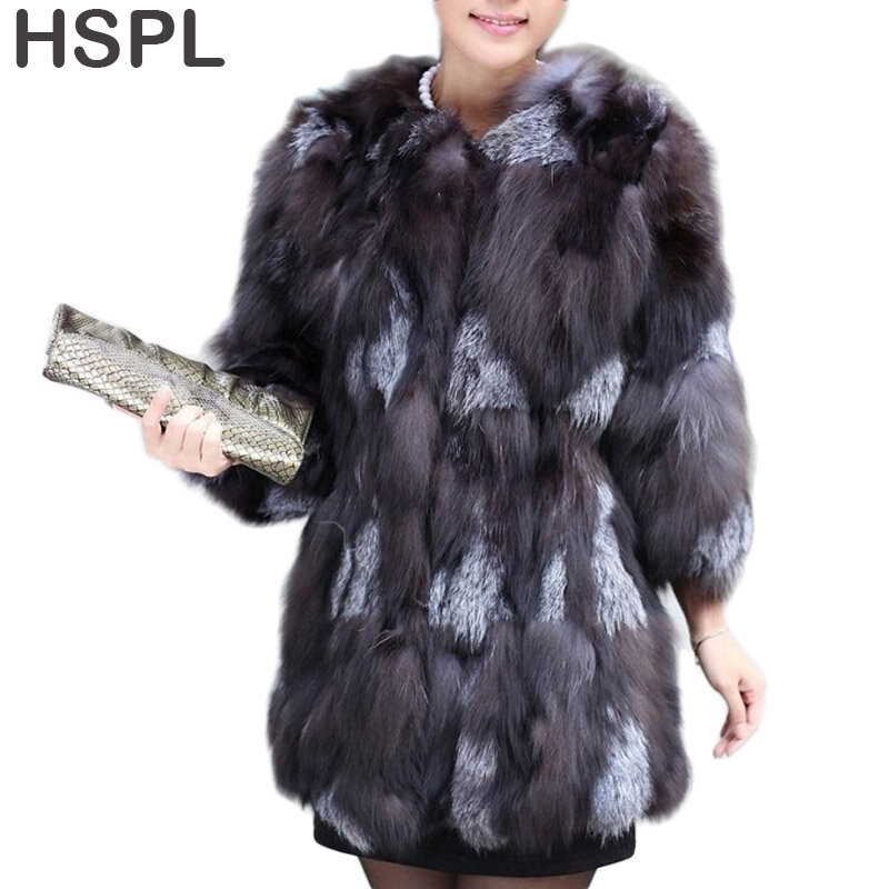 HSPL フォックス高級天然毛皮のコート厚手ナチュラルフォックスコート半袖本物の毛皮冬のジャケットの女性