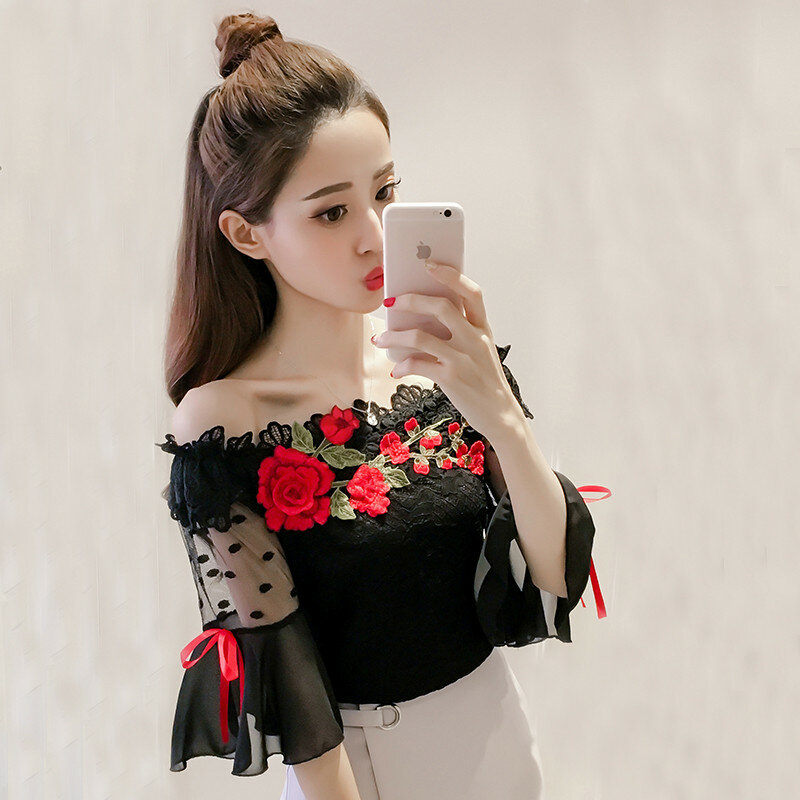 2018 여성용 반팔 슬래시 넥 메쉬 블라우스, 스위트 보우 꽃 자수 레이스 셔츠, 짧은 블라우스 상의, A837