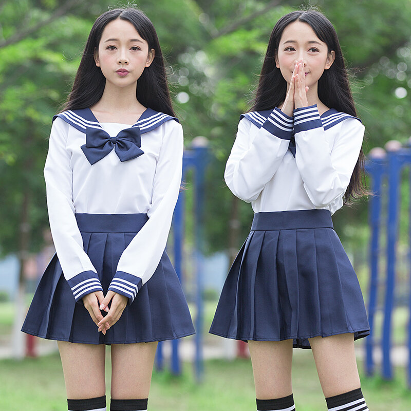 Fantasia de marinheiro, uniforme escolar jk, para meninas, camisa branca e saia azul escura