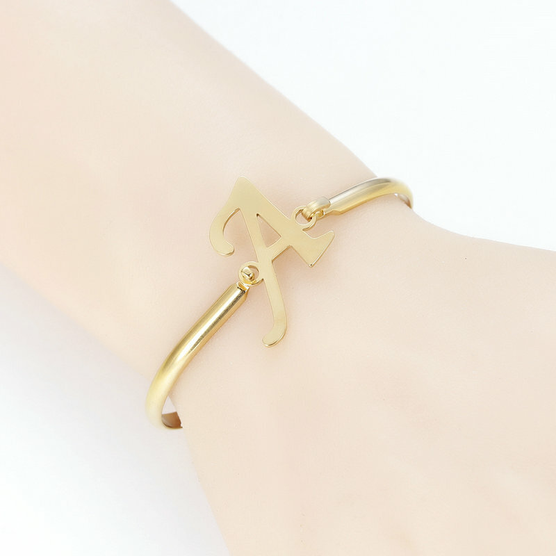 Helle Mond Trendy Manschette Brief Armbänder Armreifen für Frau Gold Farbe Edelstahl Armband mit Wort EIN Schmuck für Frauen