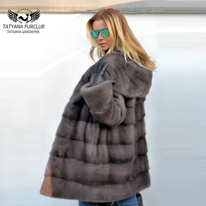 Tatyana-furclub 럭셔리 진품 밍크 모피 코트 여성용, 두꺼운 전체 펠트 따뜻한 재킷, 큰 모피 후드 포함, 겨울 밍크 모피
