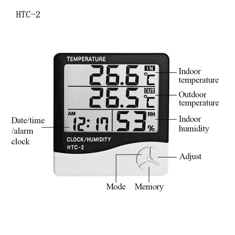 LCD Digital Termômetro e Higrômetro, Estação Meteorológica, Casa, Interior, Exterior, Temperatura, Medidor de Umidade com Despertador, C, F