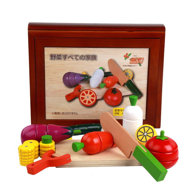 Caixa de madeira de luxo, corta frutas e legumes, brinquedos magnéticos para crianças